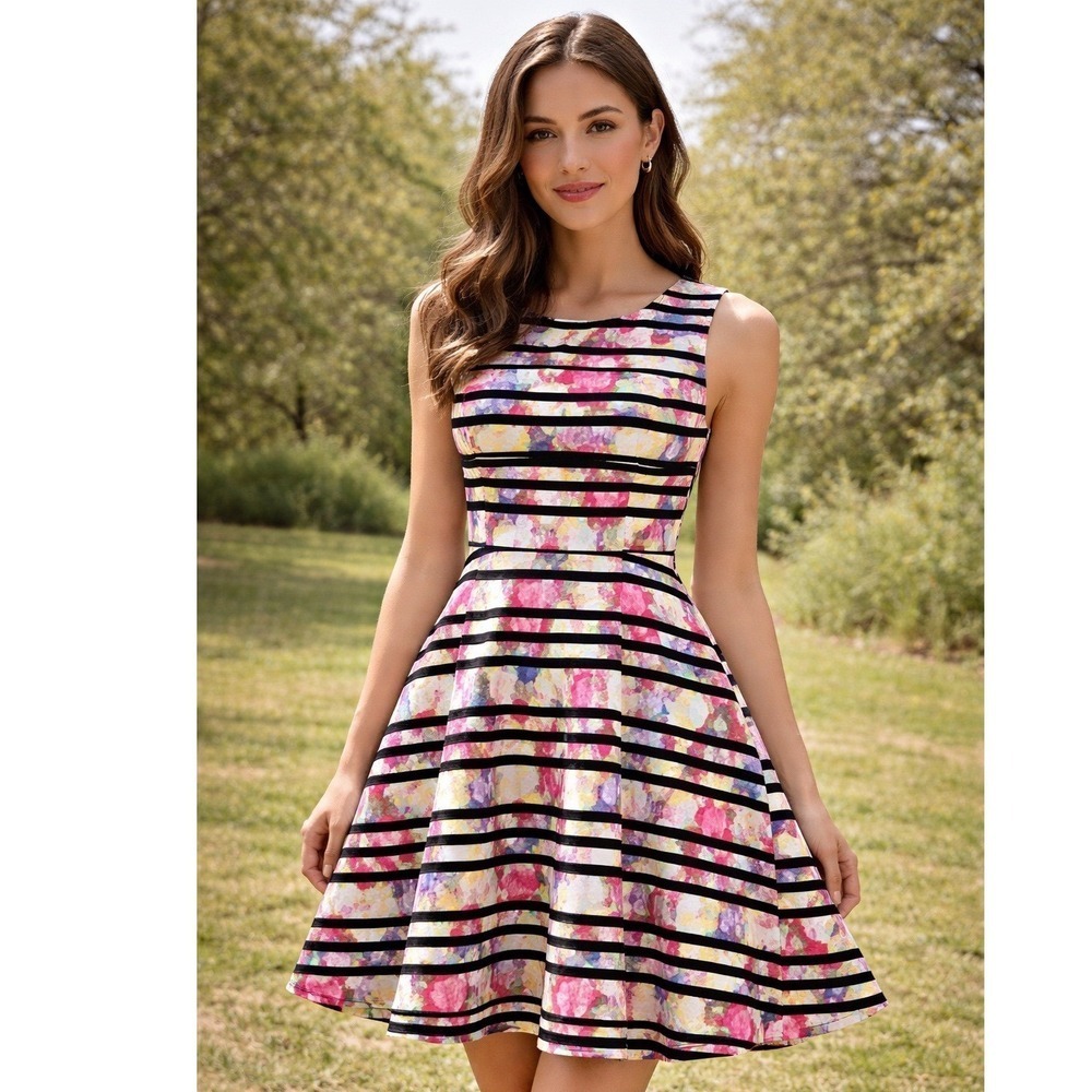MY MICHELLE Striped Floral Fit Flare Dress Women Size 5 Sleeveless Zip up Back
